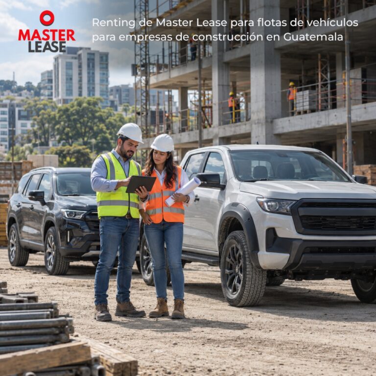 Supervisores de obra de una constructora en Guatemala junto a pickups de la flota en un proyecto de construcción