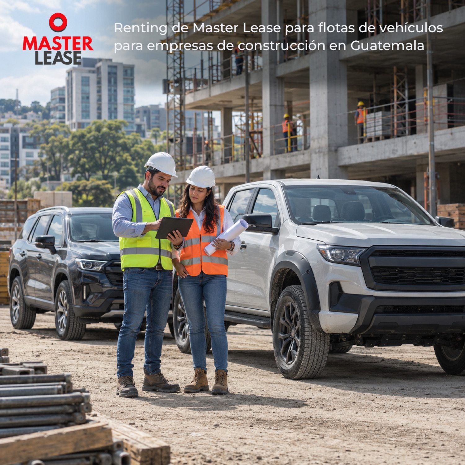 Supervisores de obra de una constructora en Guatemala junto a pickups de la flota en un proyecto de construcción