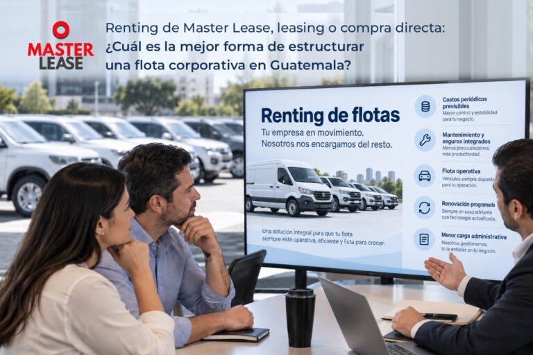 Ejecutivos de una empresa guatemalteca analizan en una presentación las opciones de renting, leasing y compra directa de flota